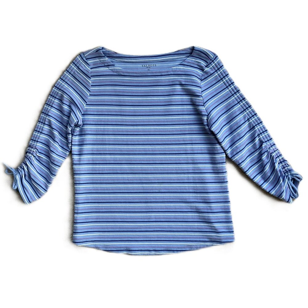 Talbots Petite Medium 3/4 Sleeve Woven Shirt boatneck MP Blue Navy Rose White